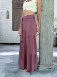 caraucci bella pants tiered wide leg dusty mauve cotton jersey pants with adjustable waist tie #color_mangosteen