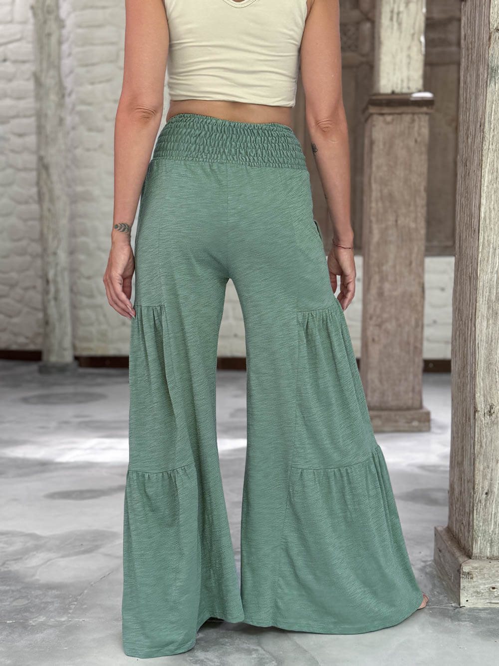 caraucci bella pants tiered wide leg sage green cotton jersey pants with adjustable waist tie #color_matcha