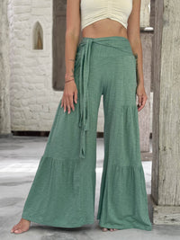 caraucci bella pants tiered wide leg sage green cotton jersey pants with adjustable waist tie #color_matcha
