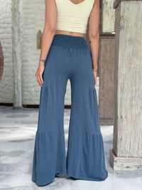 caraucci bella pants tiered wide leg blue cotton jersey pants with adjustable waist tie #color_pacific
