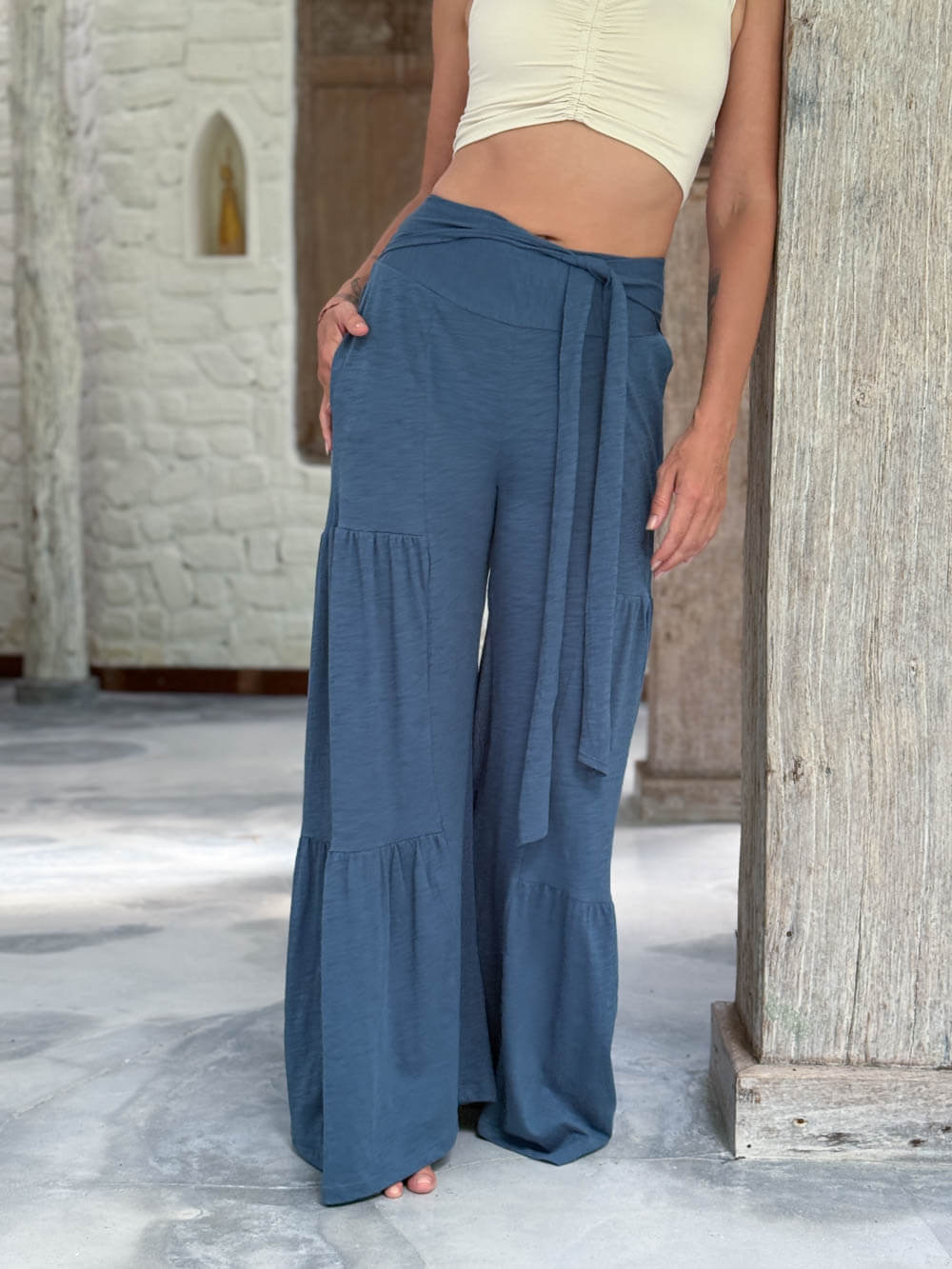 caraucci bella pants tiered wide leg blue cotton jersey pants with adjustable waist tie #color_pacific