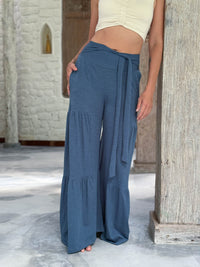 caraucci bella pants tiered wide leg blue cotton jersey pants with adjustable waist tie #color_pacific