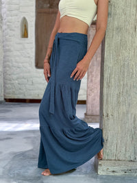 caraucci bella pants tiered wide leg blue cotton jersey pants with adjustable waist tie #color_pacific