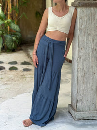 caraucci bella pants tiered wide leg blue cotton jersey pants with adjustable waist tie #color_pacific