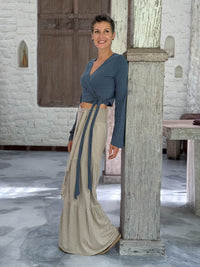 caraucci bella pants tiered wide leg soft taupe cotton jersey pants with adjustable waist tie #color_sahara