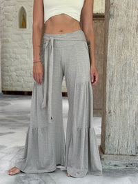 caraucci bella pants tiered wide leg soft taupe cotton jersey pants with adjustable waist tie #color_sahara