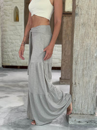 caraucci bella pants tiered wide leg soft taupe cotton jersey pants with adjustable waist tie #color_sahara