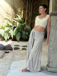 caraucci bella pants tiered wide leg soft taupe cotton jersey pants with adjustable waist tie #color_sahara