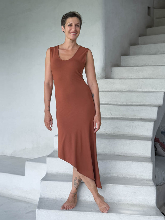 caraucci orange sleeveless scoop neck bias cut asymmetrical hem dress #color_copper