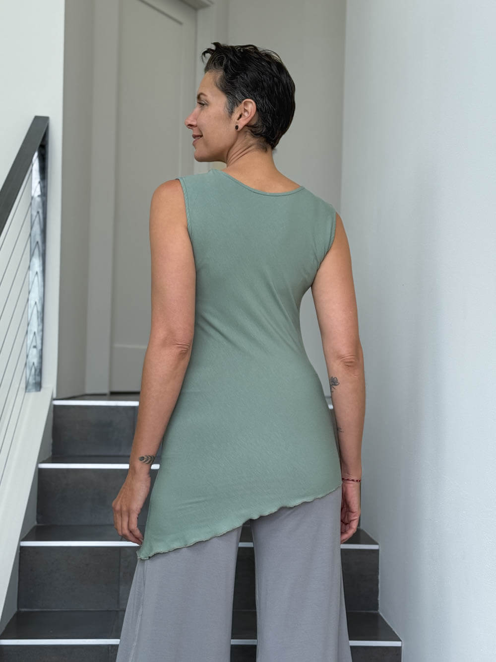 caraucci sleeveless scoop neck bias cut moss green asymmetrical hem tunic #color_moss