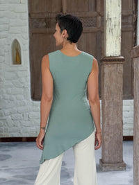 caraucci sleeveless scoop neck bias cut soft sage green asymmetrical hem tunic #color_moss