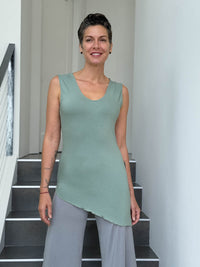 caraucci sleeveless scoop neck bias cut moss green asymmetrical hem tunic #color_moss