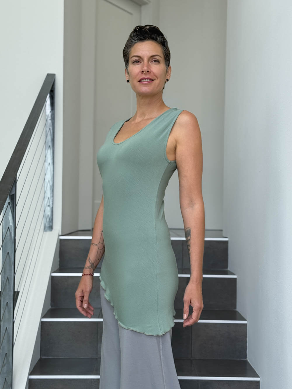 caraucci sleeveless scoop neck bias cut moss green asymmetrical hem tunic #color_moss