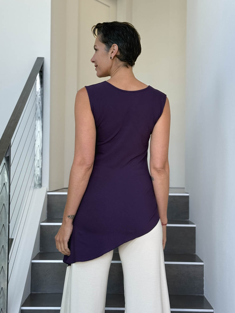 caraucci sleeveless scoop neck bias cut purple asymmetrical hem tunic #color_plum