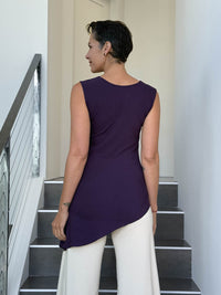 caraucci sleeveless scoop neck bias cut purple asymmetrical hem tunic #color_plum