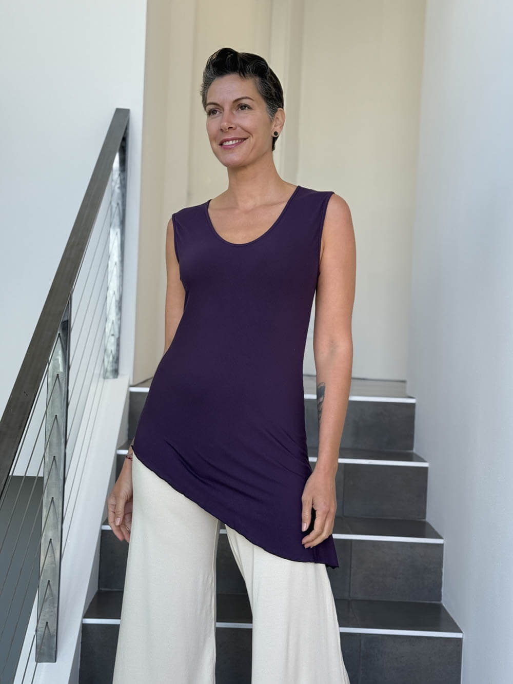 caraucci sleeveless scoop neck bias cut purple asymmetrical hem tunic #color_plum