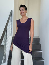 caraucci sleeveless scoop neck bias cut purple asymmetrical hem tunic #color_plum