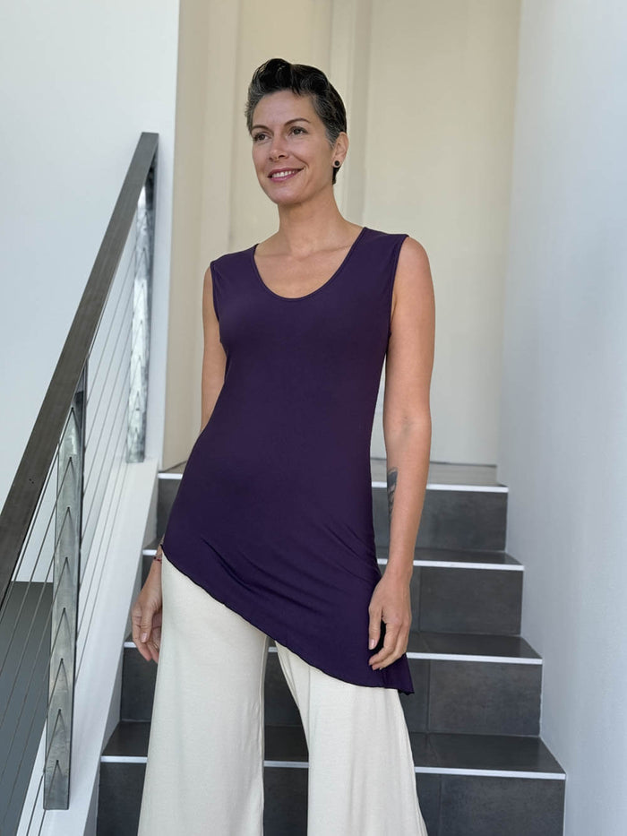caraucci sleeveless scoop neck bias cut purple asymmetrical hem tunic #color_plum