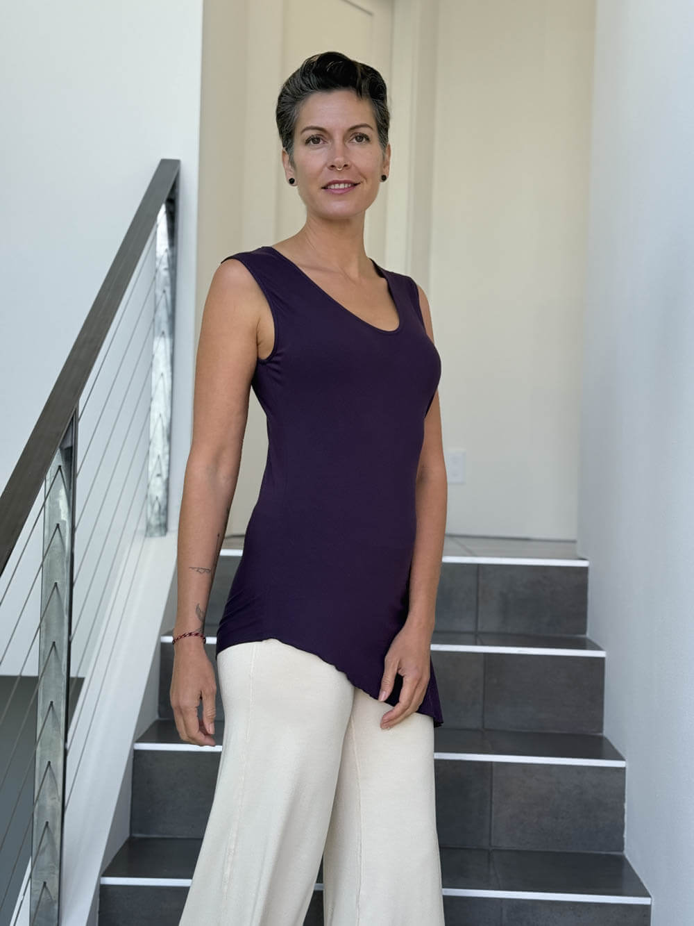 caraucci sleeveless scoop neck bias cut purple asymmetrical hem tunic #color_plum