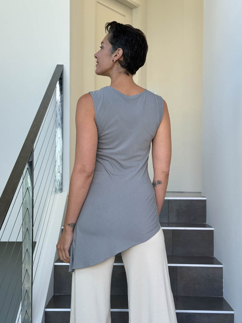 caraucci sleeveless scoop neck bias cut gray asymmetrical hem tunic #color_stone