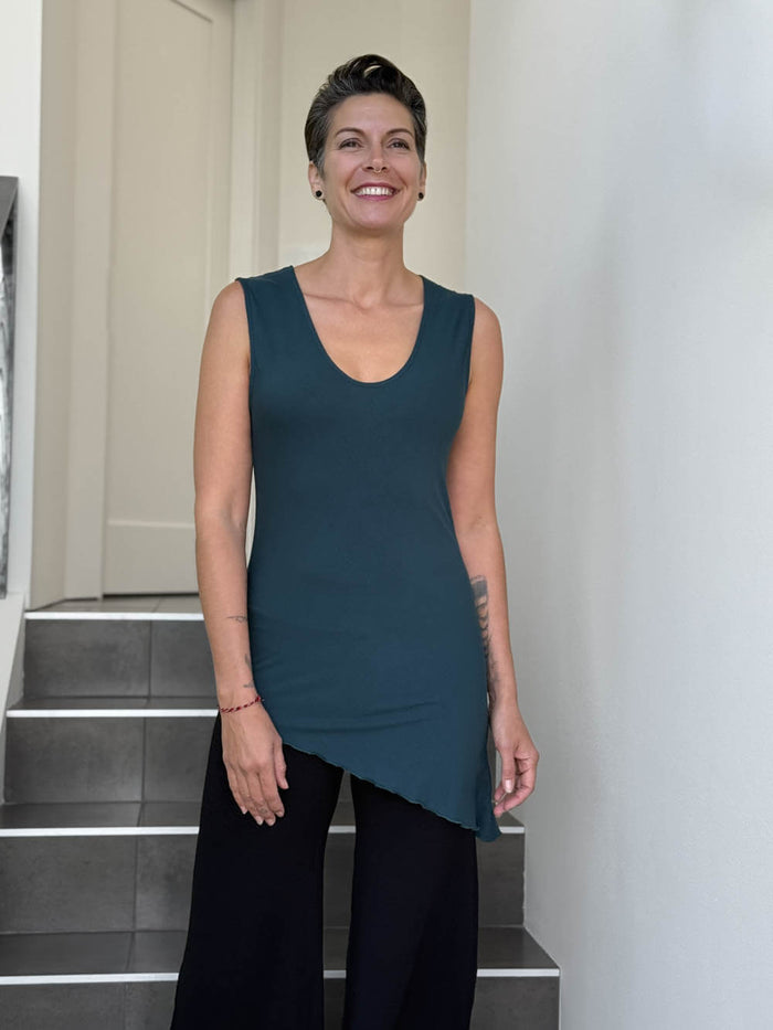 caraucci sleeveless scoop neck bias cut teal blue asymmetrical hem tunic #color_teal