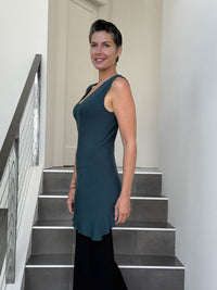 caraucci sleeveless scoop neck bias cut teal blue asymmetrical hem tunic #color_teal