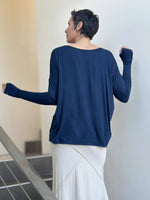 women's plant-based navy blue relaxed fit jersey long sleeve top #color_navy