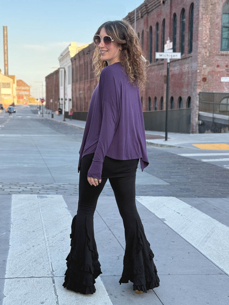 caraucci plant-based rayon jersey purple asymmetrical hem oversized long sleeve top with thumbholes #color_plum