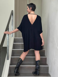 caraucci oversized black v neck empire waist tunic or mini dress #color_black