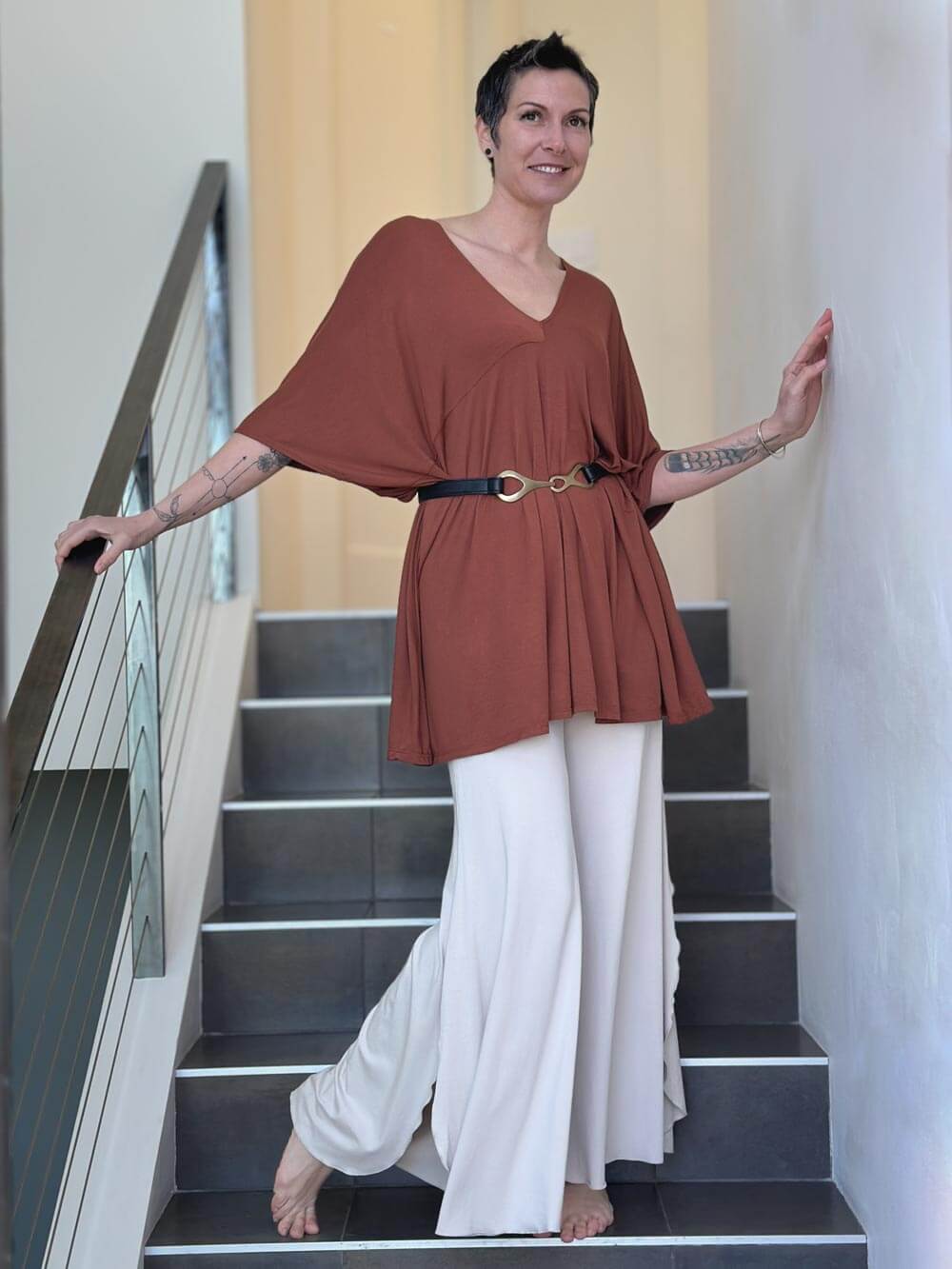 caraucci oversized orange v neck empire waist tunic or mini dress #color_copper