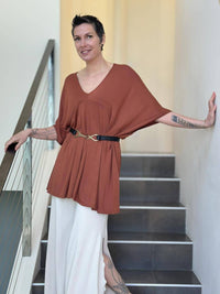 caraucci oversized orange v neck empire waist tunic or mini dress #color_copper