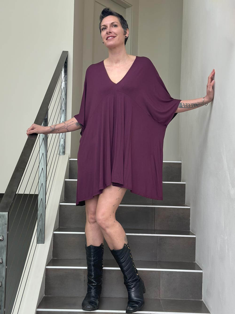 caraucci oversized purple v neck empire waist tunic or mini dress #color_jam