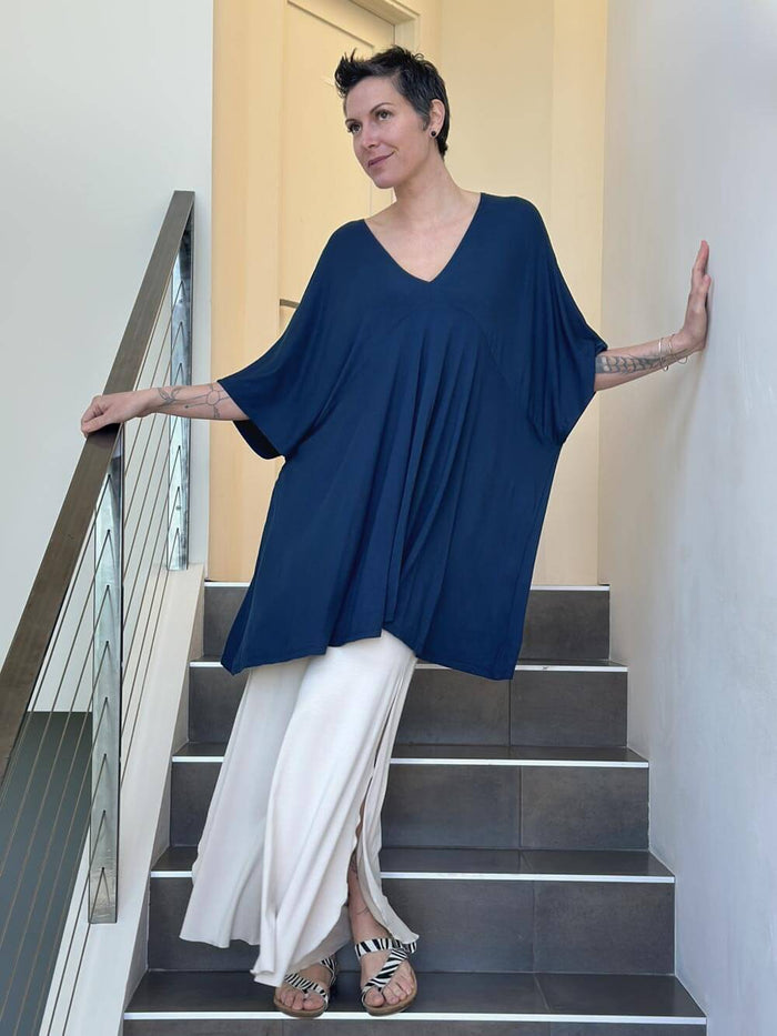 caraucci oversized navy blue v neck empire waist tunic or mini dress #color_navy