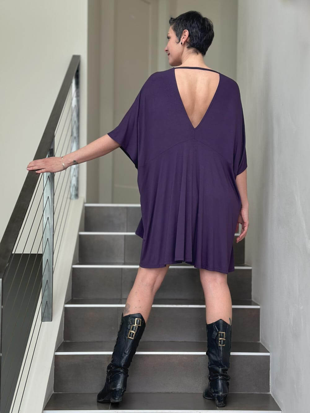 caraucci oversized purple v neck empire waist tunic or mini dress #color_plum