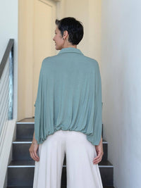 women's oversized button down jersey collared short dolman sleeve blouse in sage green #color_moss