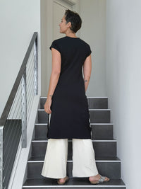 caraucci high neck cap sleeve black double slit tunic dress #color_black