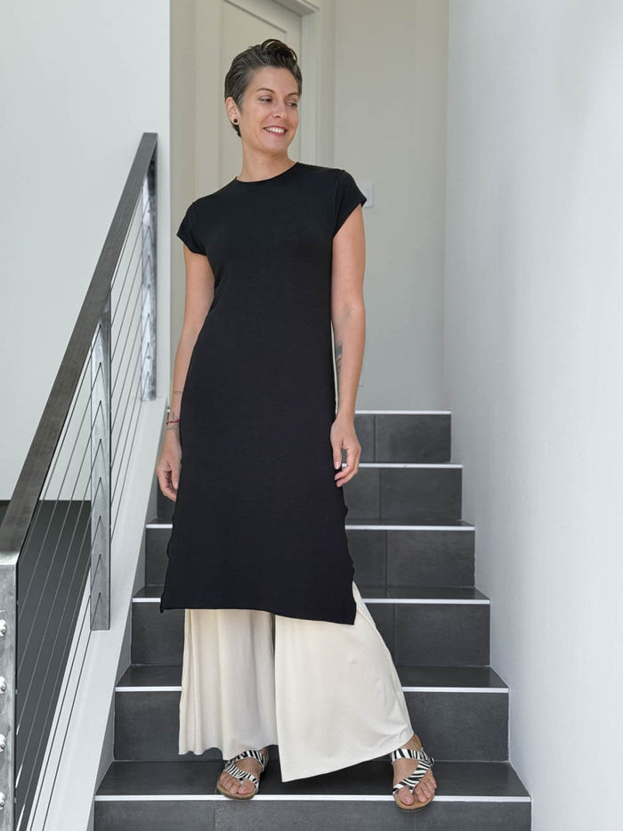 caraucci high neck cap sleeve black double slit tunic dress #color_black