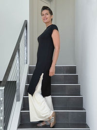 caraucci high neck cap sleeve black double slit tunic #color_black