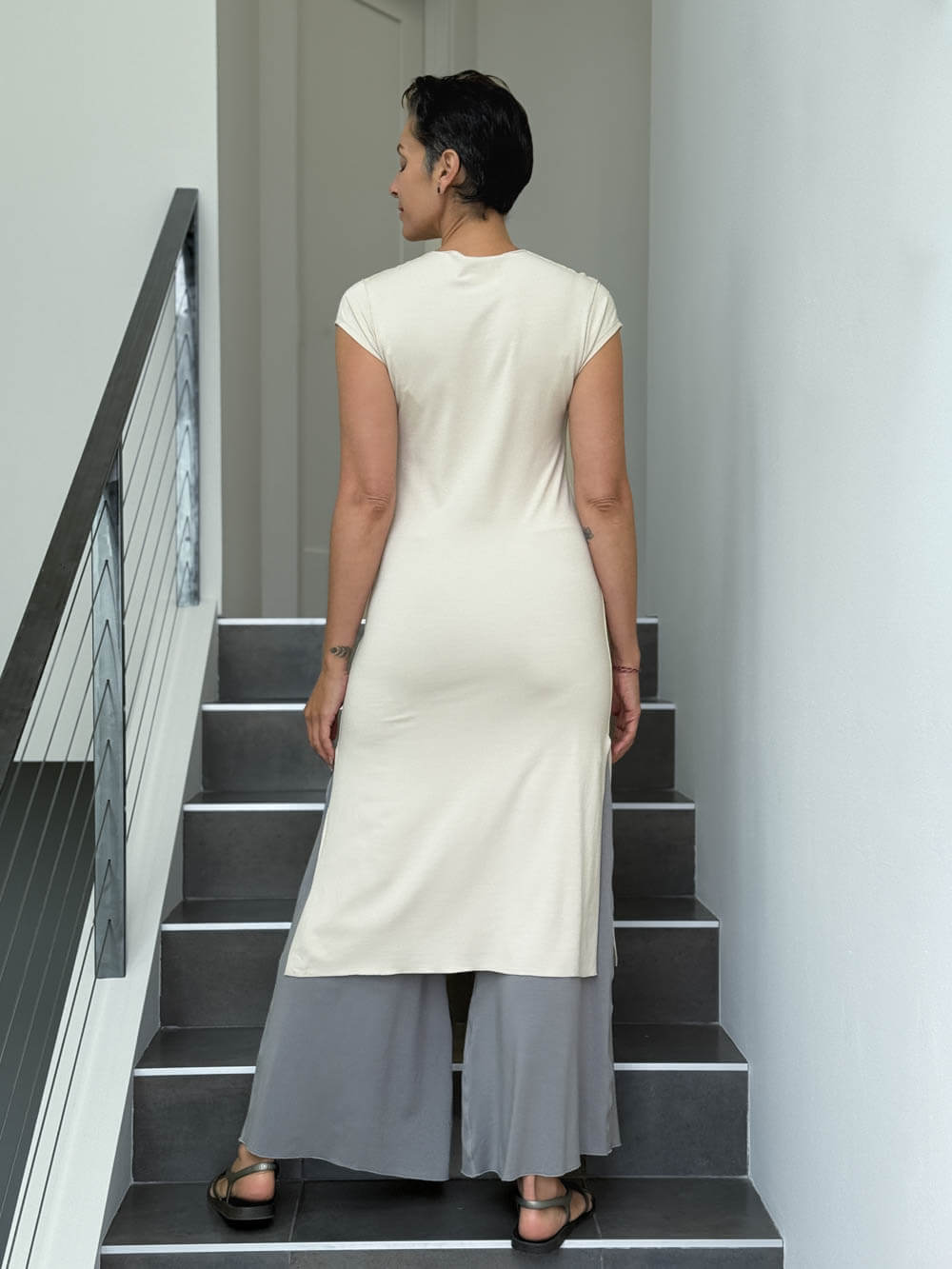 caraucci high neck cap sleeve cream double slit tunic dress #color_cream