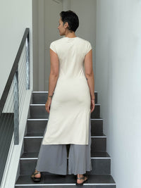 caraucci high neck cap sleeve cream double slit tunic dress #color_cream