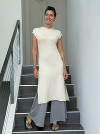 caraucci high neck cap sleeve cream double slit tunic dress #color_cream