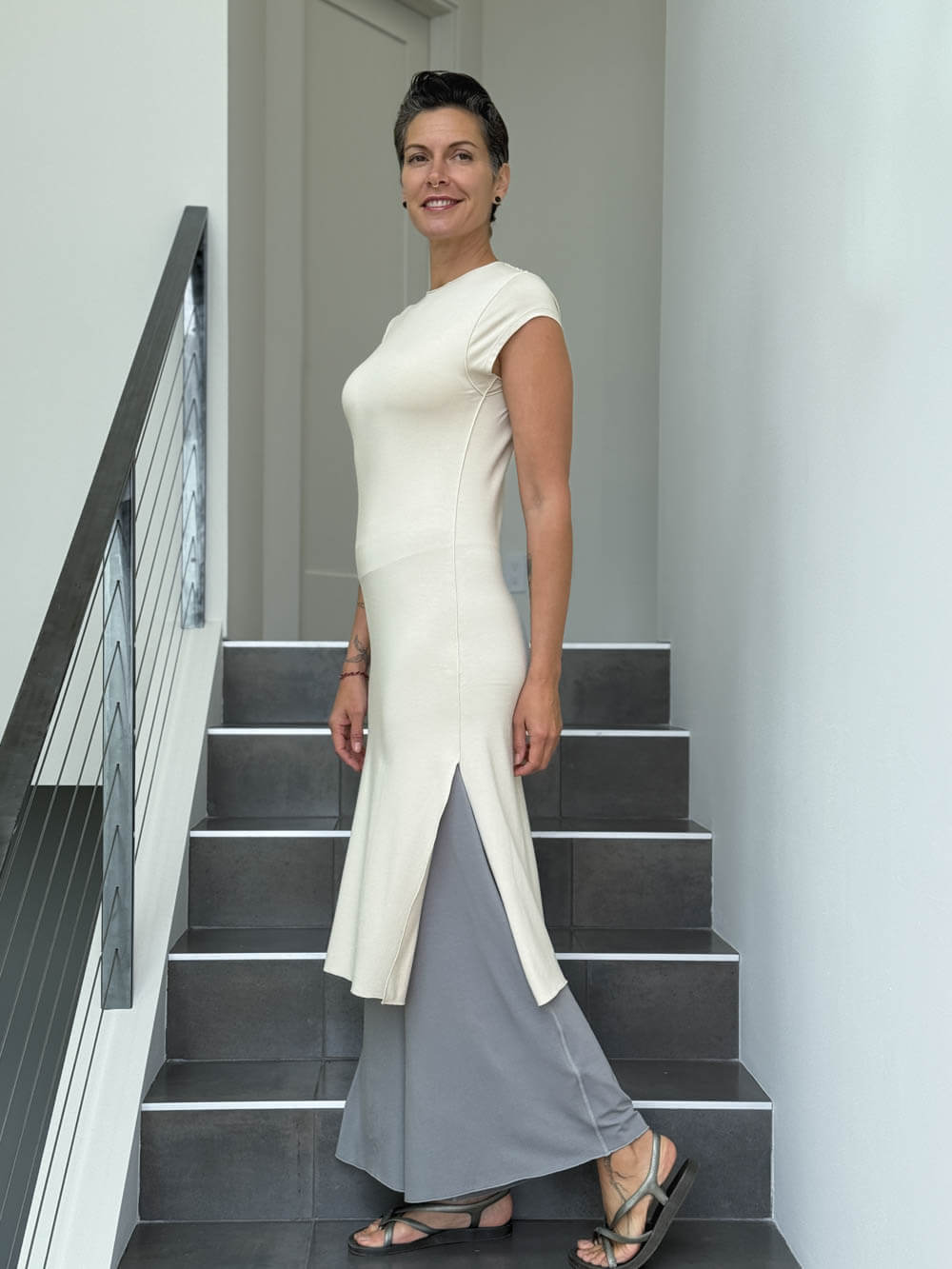 caraucci high neck cap sleeve cream double slit tunic dress #color_cream
