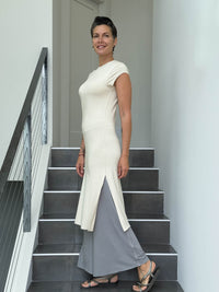 caraucci high neck cap sleeve cream double slit tunic dress #color_cream