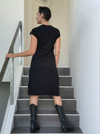 caraucci high neck cap sleeve black double slit dress #color_black