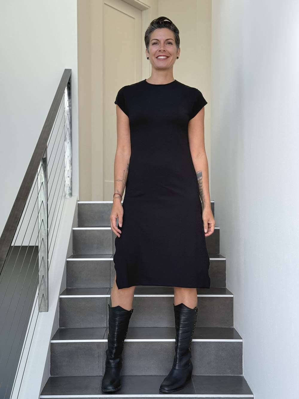 caraucci high neck cap sleeve black double slit dress #color_black