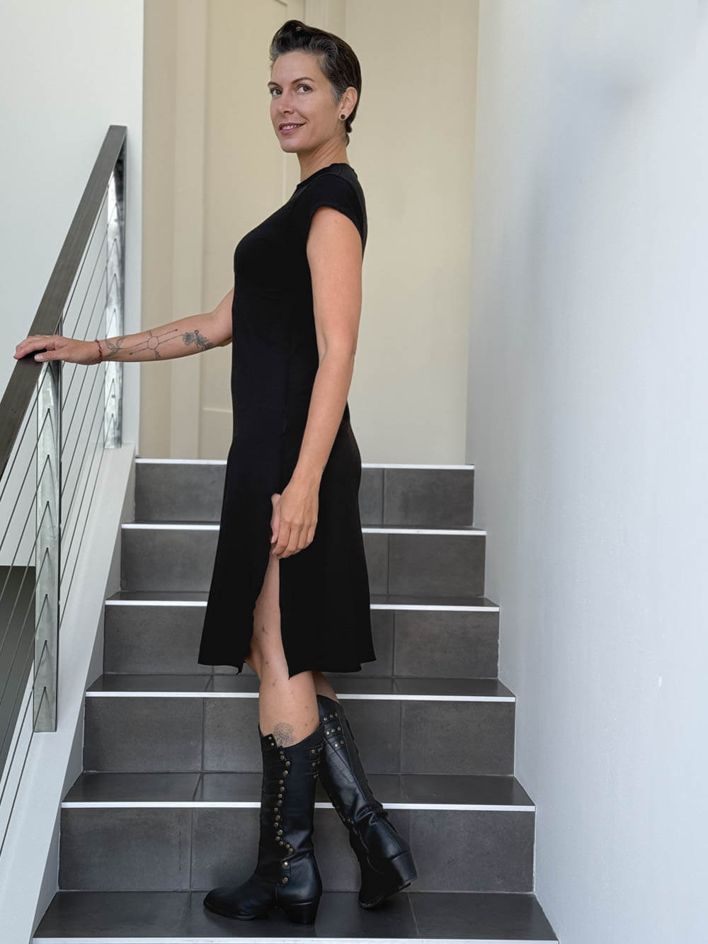 caraucci high neck cap sleeve black double slit dress #color_black