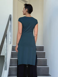 caraucci high neck cap sleeve teal blue double slit tunic dress #color_teal