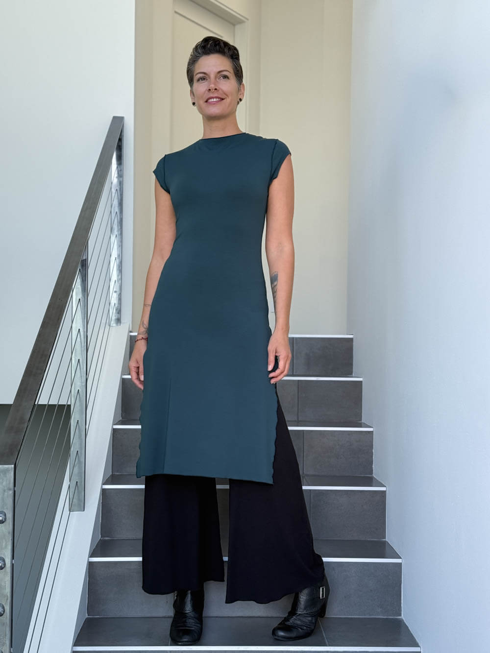caraucci high neck cap sleeve teal blue double slit tunic #color_teal