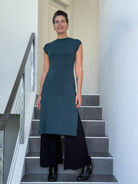 caraucci high neck cap sleeve teal blue double slit tunic #color_teal
