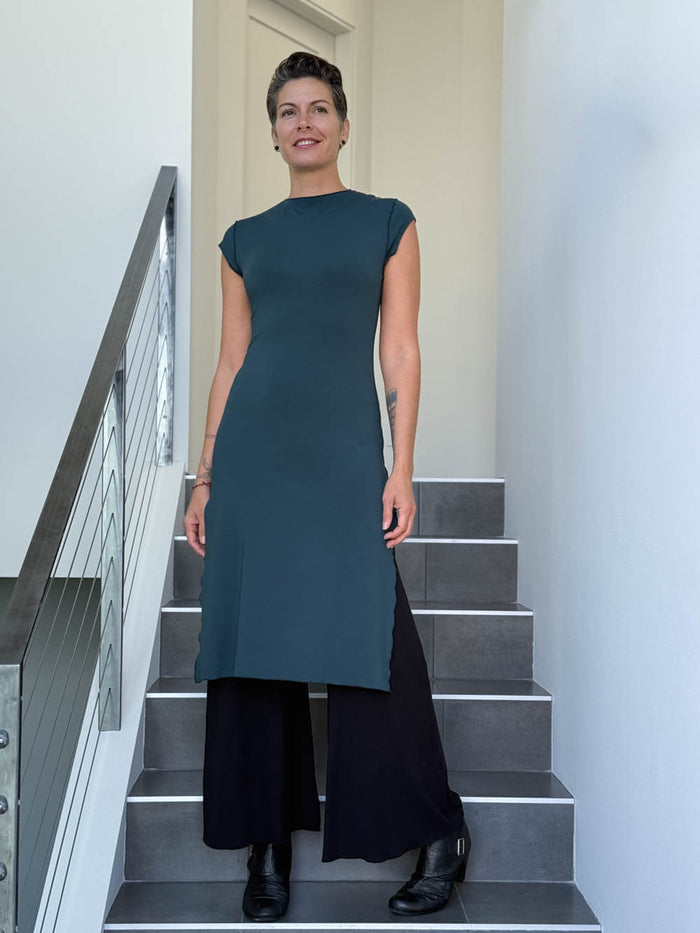 caraucci high neck cap sleeve teal blue double slit tunic #color_teal